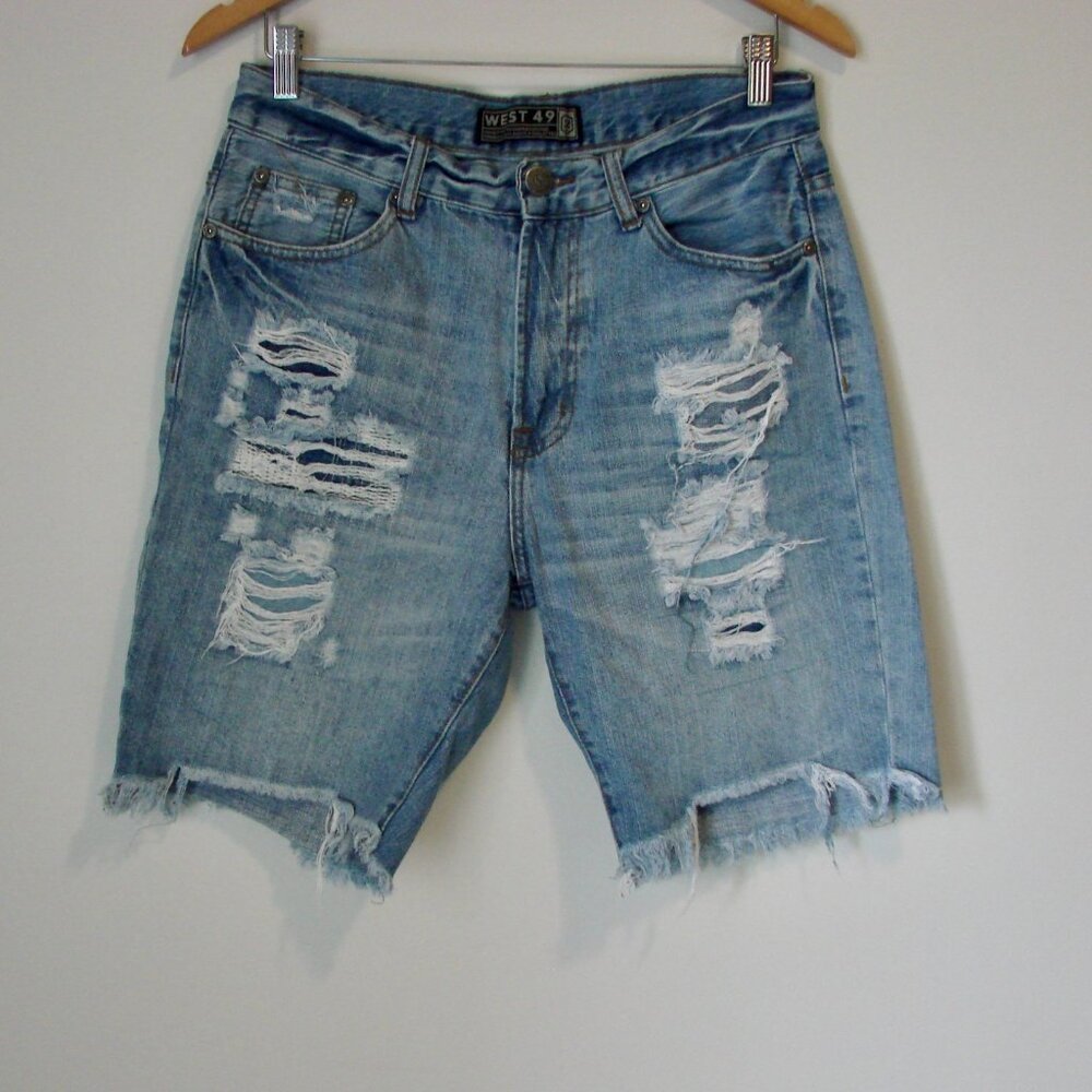 Denim Jean Shorts West 49 Slim Skateboarding Distressed Raw Hem Mens Size 32